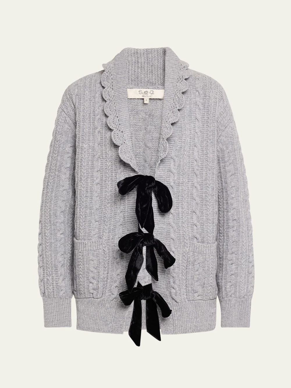 Sea Grey Cable-Knit Cardigan with Black Velvet Bows